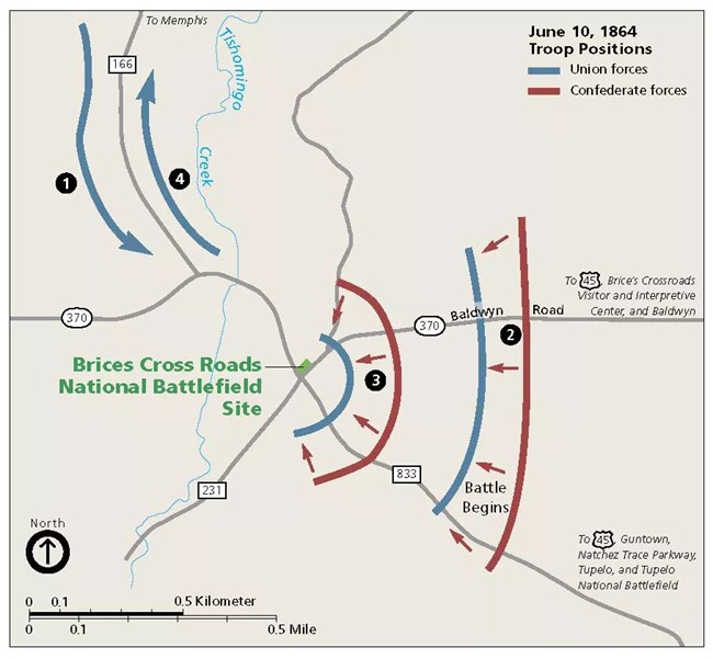 Basic map of troop movements at the Battle of Brices Cross Roads.
