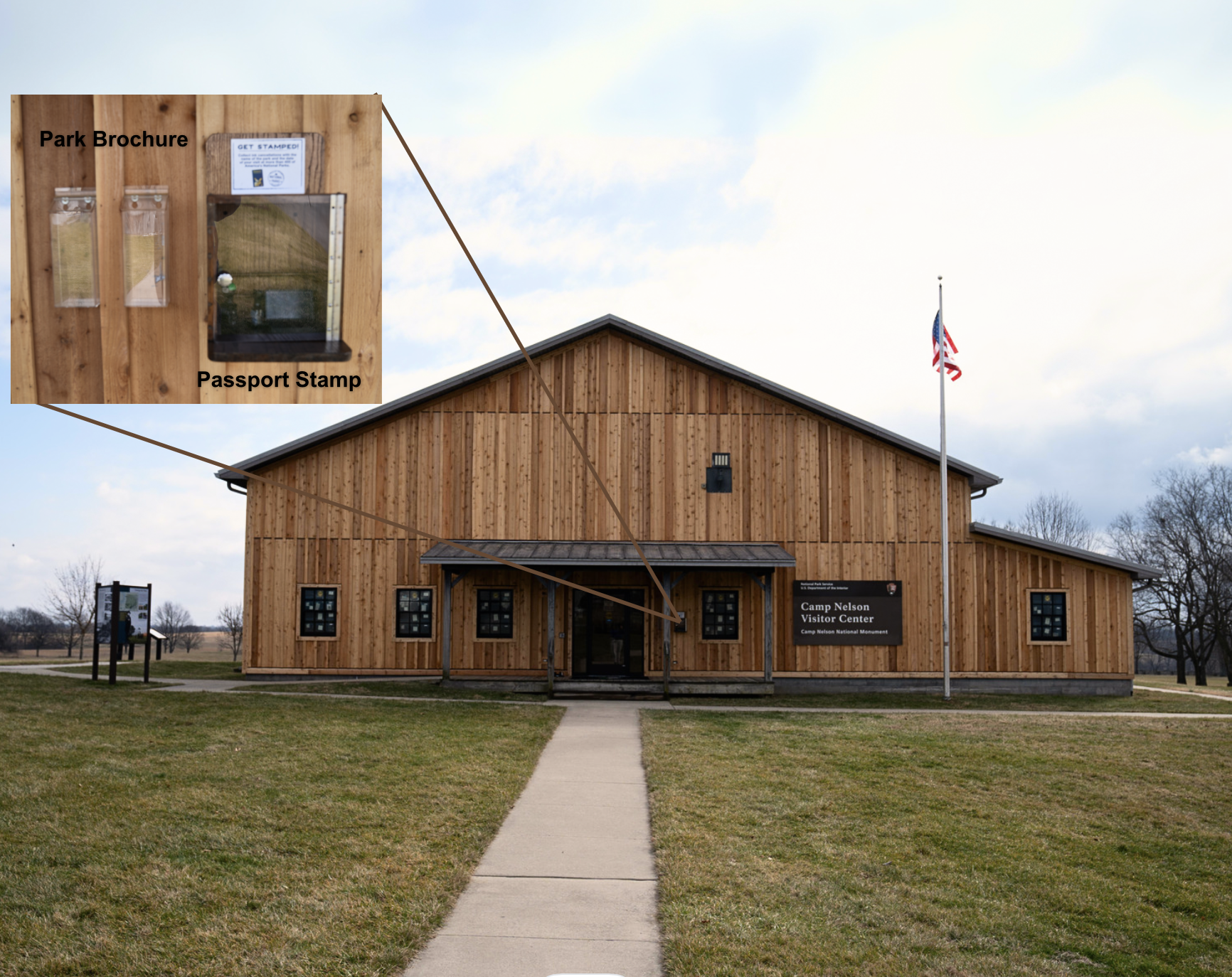 An exterior view of the wooden Camp Nelson National Monument Visitor Center with an enlarged detail panel showing brochure holders and passport stamp box.