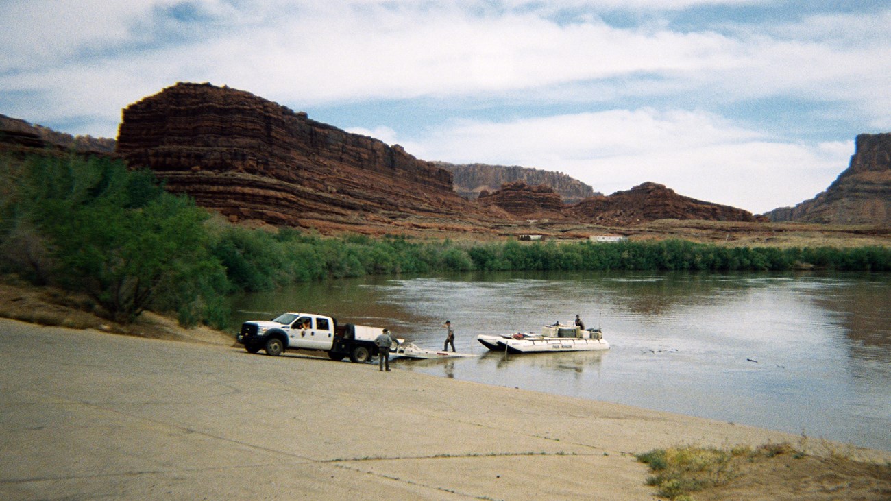 Boat launching on a concrete ramp