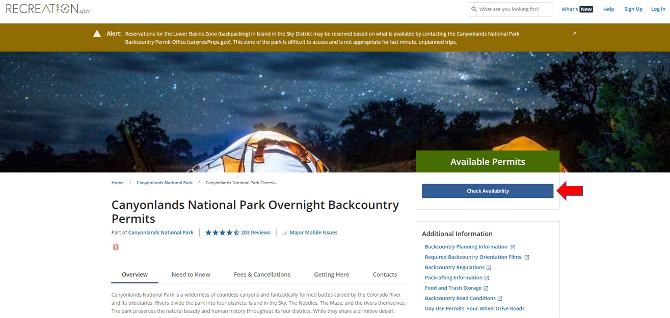 Arrow pointing to the check availability button on the Recreation.gov Canyonlands backcountry overnight permit reservation homepage.