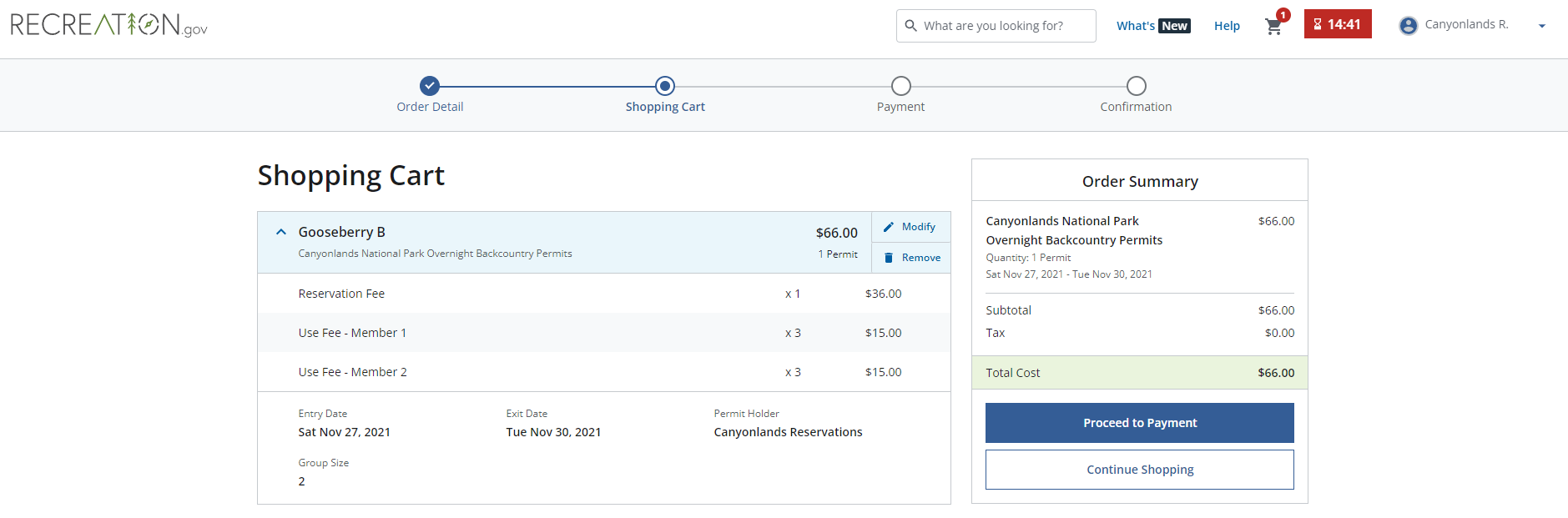 Shopping Cart page on Recreation.gov showing reserved permit and campsite nights.  Blue Proceed to Payment button is located on the bottom right corner