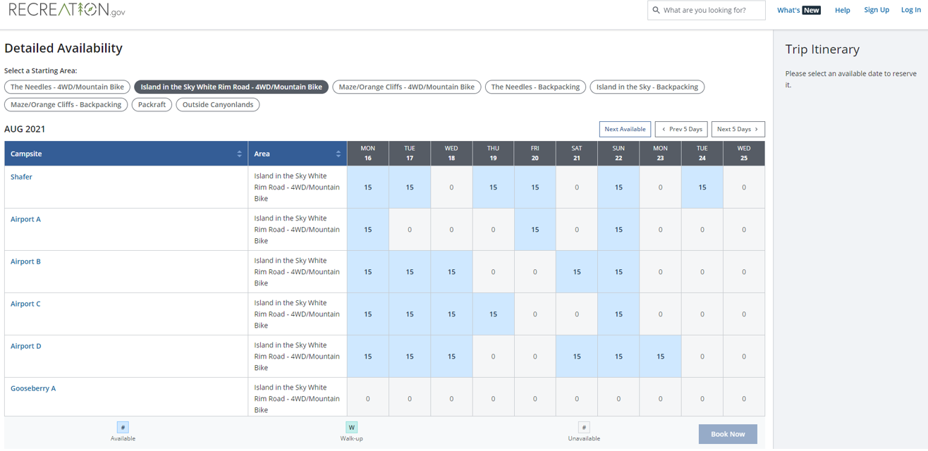 Blue and white Calendar availability function for backcountry overnight permits on Recreation.gov