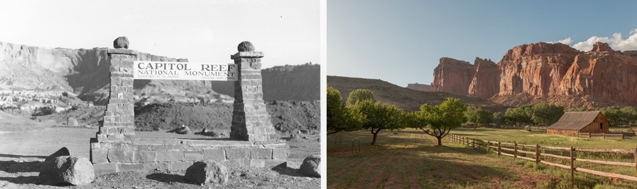 Two photos: black and white Capitol Reef National Monument sign and color photo of pasture, barn, and red cliffs with blue sky.