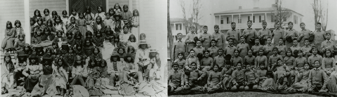 At left, Apache youth in traditional clothing. At right, Apache youth in military uniforms.