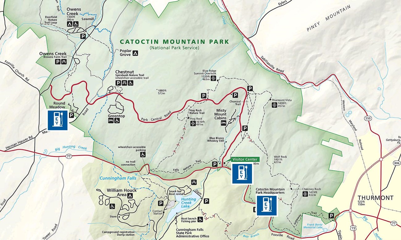 A map of electric vehicle charging stations. They can be found at Camp Round Meadow, the Park Visitor Center, and Park Headquarters.