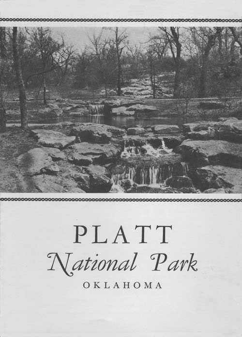 An old guidebook cover with a black and white image of a waterfall and the words "Platt National Park Oklahoma"