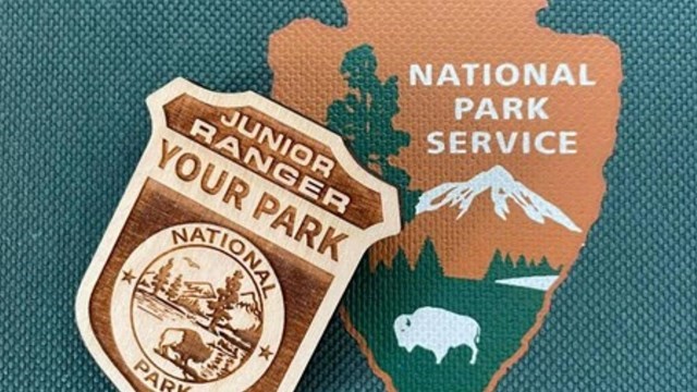 Wooden junior park ranger badge on top of the National Park Service logo all against a teal background.