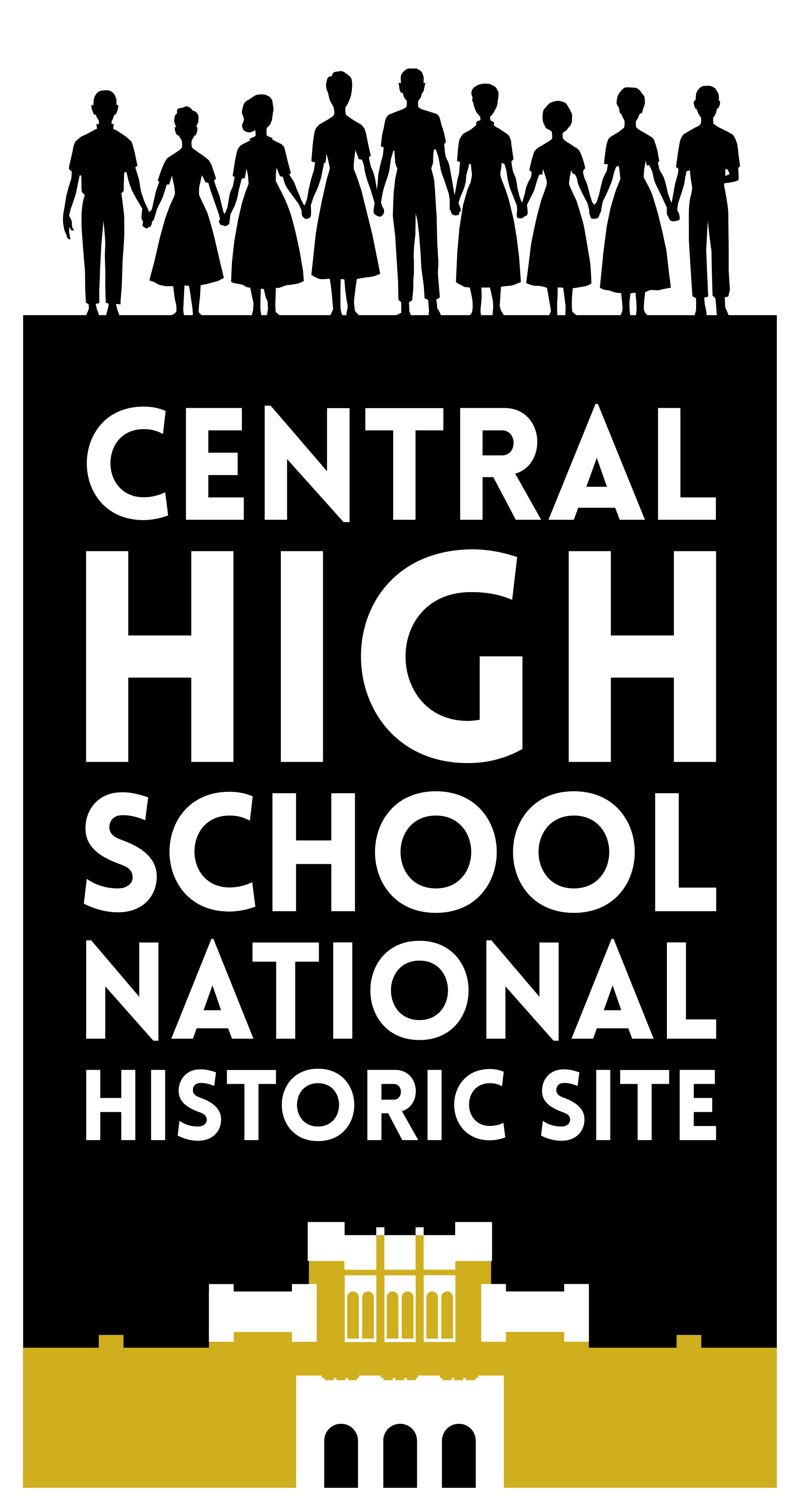 Logo for Central High School National Historic Site. The top features silhouettes of nine students holding hands, representing the Little Rock Nine. Below them, bold white text reads “Central High School National Historic Site” on a black background.