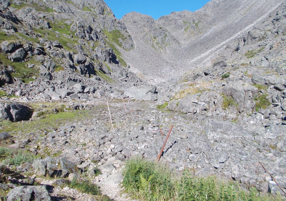 Looking across a rocky area a mountain pass with clear blue skies