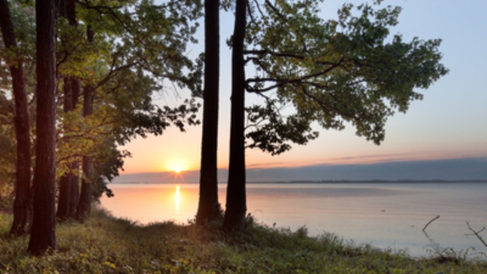 The sun setting over a wide river with trees on each bank.