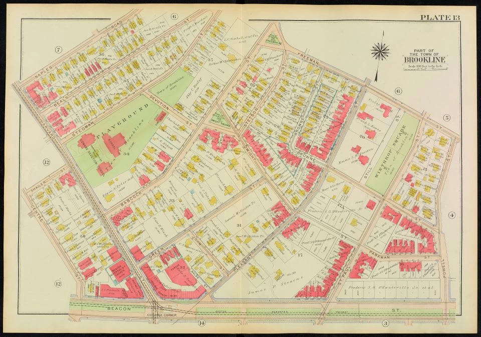 Map of 1907 Coolidge Corner. Majority of buildings are wood and large open plots still present near Beacon St. 83 Beals is not constructed.
