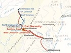 Map showing Washington's trips to the Ohio Country in 1753 and 1754