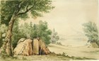 Painting of thatched structure with mountain and river in background.