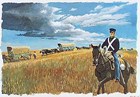Color painting of a soldier on horseback riding close to several covered wagons.