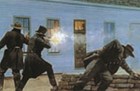 Color drawing of men aiming guns toward building. Gunsmoke is visible.