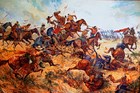 Color painting of men on horses fighting other men on horses.
