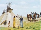 Color painting of dragoon soldiers meeting with Native Americans at a tipi.