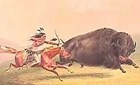 Color painting of a Native American on horseback chasing buffalo.