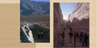 two different images of a dug out trench in a desert landscape with people examining the walls