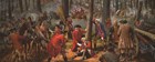 A wounded officer sits against a tree. Uniformed men and a Native warrior gather around him.