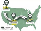 A map of the United States with arrows connecting Hanford, Oak Ridge, and Los Alamos
