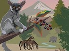 Artist rendering of prehistoric plants and animals in a mountainous forest scene