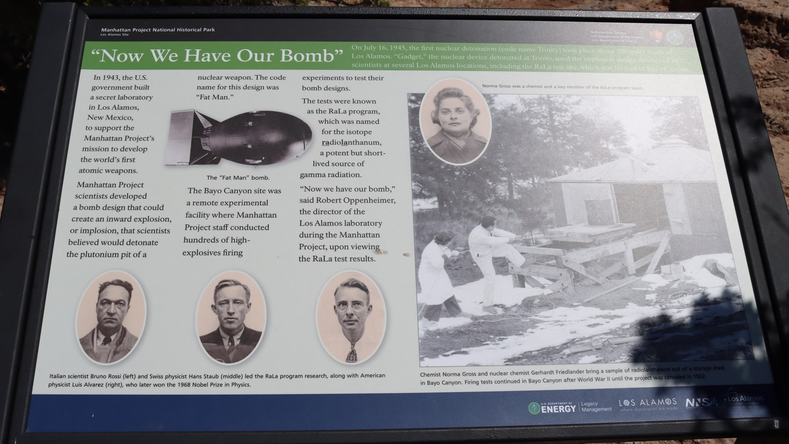 A sign along the trail, titled, “Now We Have Our Bomb” 