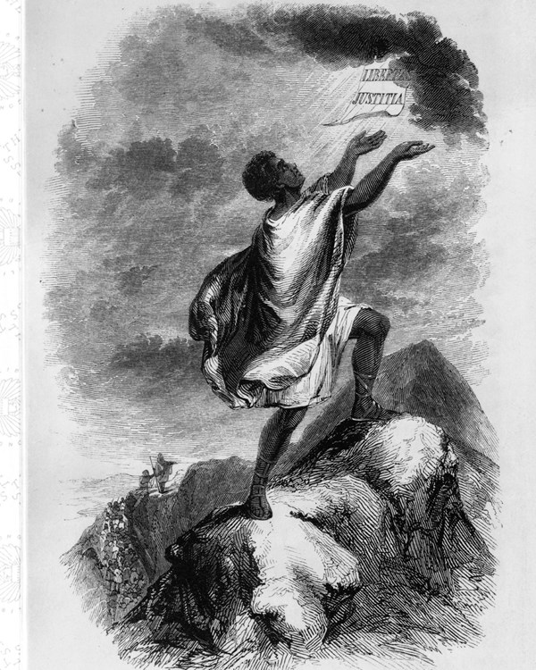 Frontispiece of David Walker's Appeal with a Black man climbing up a rock and reaching to the sky.