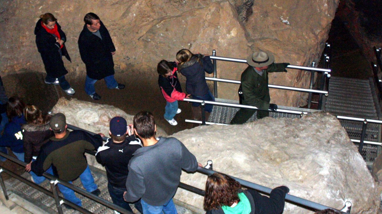 Ranger leading people down stairs during cave tour.