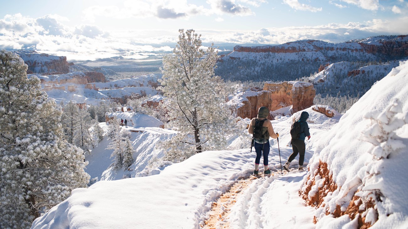 Two hikers walk on a snow covered trail with mountains in the background.