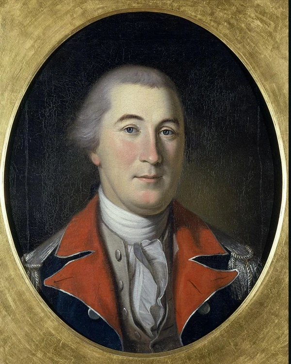 Oil painting of a man in military uniform with silver epaulettes and red facings
