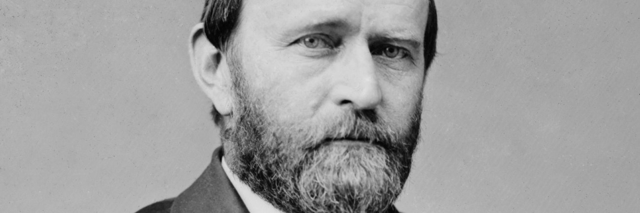 man with a beard wearing a suit circa 1870. 