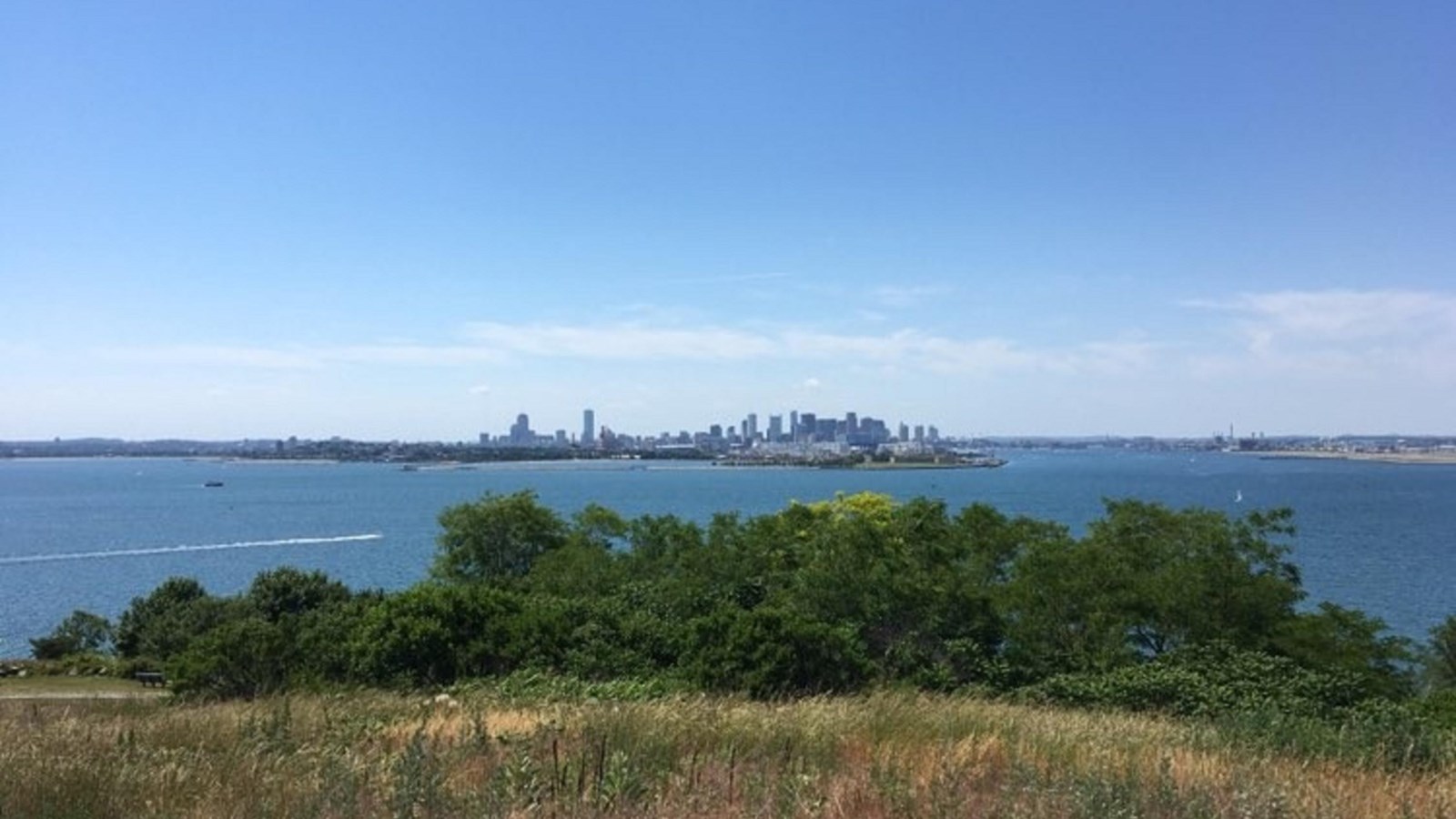 Boston Harbor with Boston in the distance. 