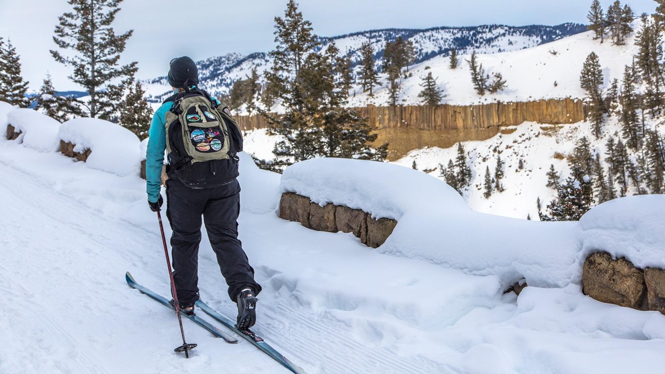 A skier travels along a trail on the edge of a canyon.