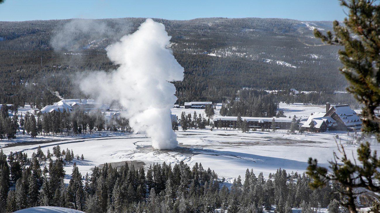 A geyser in the middle of a snowy field erupts steam and water high into the air.