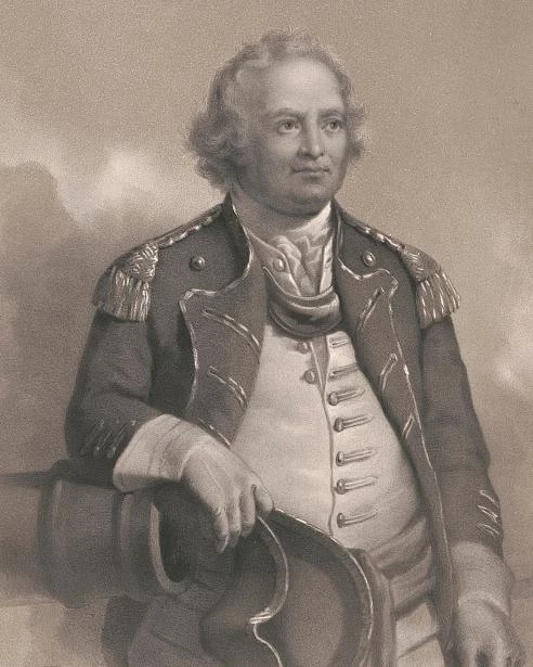 Engraving of waist-length portrait of man in military uniform