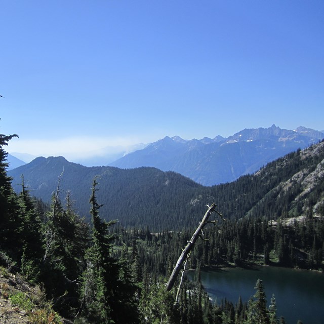 a hillside trail with forested mountains and lake below