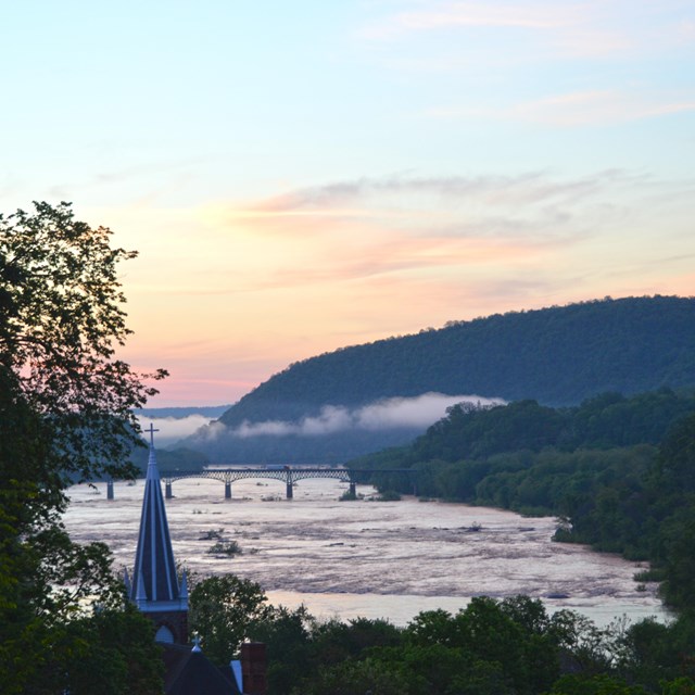 Sunrise view from Jefferson Rock; looking out over the confluence of two rivers and the mountain gap