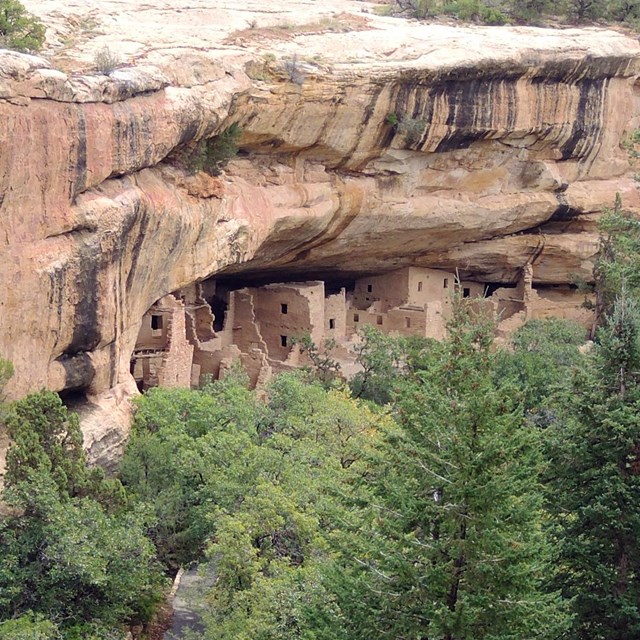 A large, ancient stone-masonry village tucked in an alcove within a sandstone cliff.