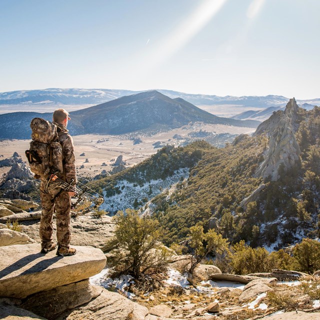 Hunter with crossbow overlooking mountain landscape