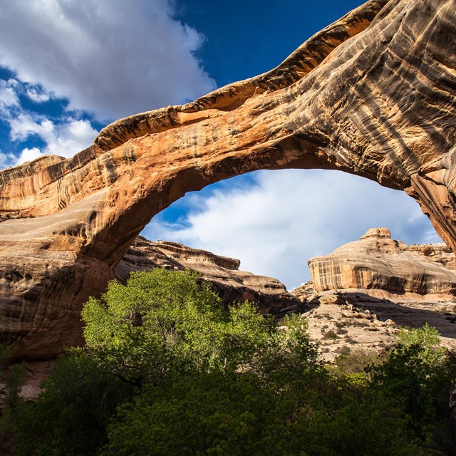 a broad stone bridge with blue sky and clouds overhead