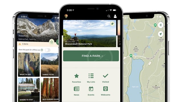 Three mobile phone images with a screen depicting a map.