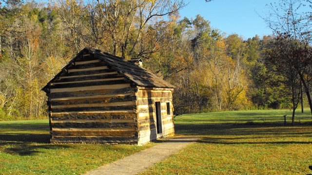 cabin, grass surrounding it