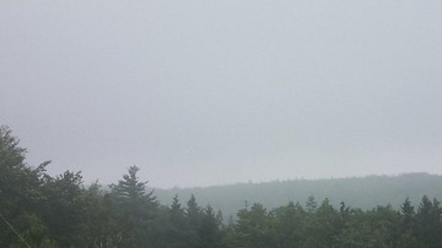 A hazy sky over trees and a distant mountain