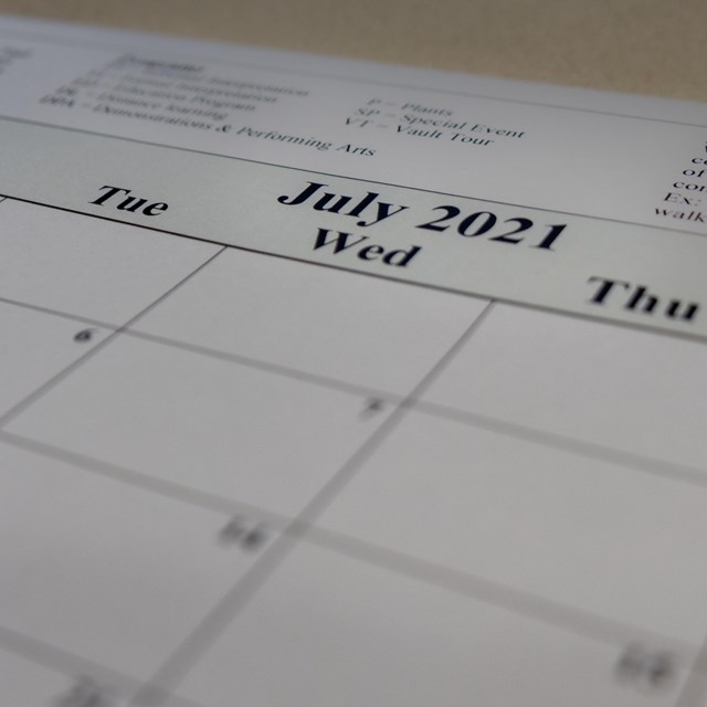 Paper monthly calendar, dated July 2021