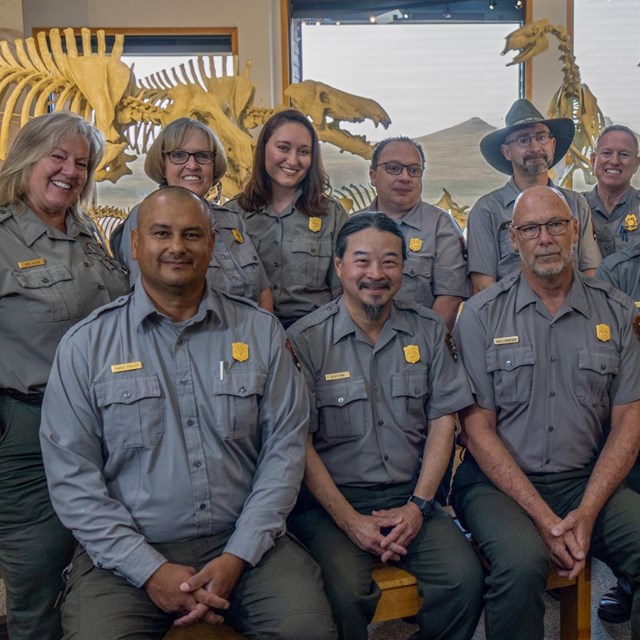 12 rangers in uniform, 4 sitting, 8 standing, in front of mammal fossil display and large windows