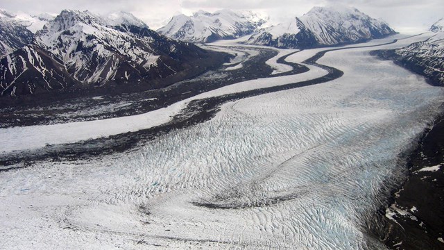 Two glaciers merge together.