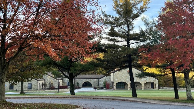 A view of the Visitor Center in the fall.