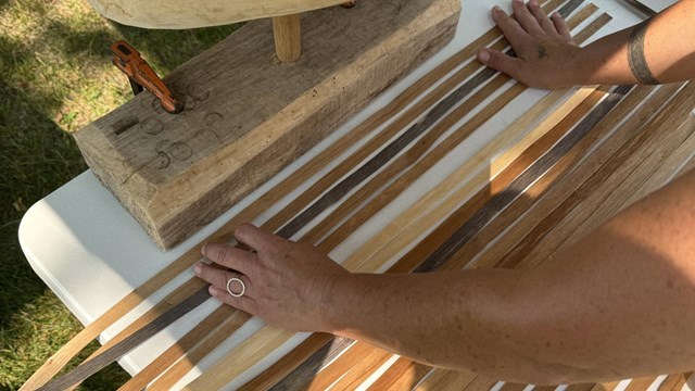 Photograph of strips of ash bark and basketry mold. 