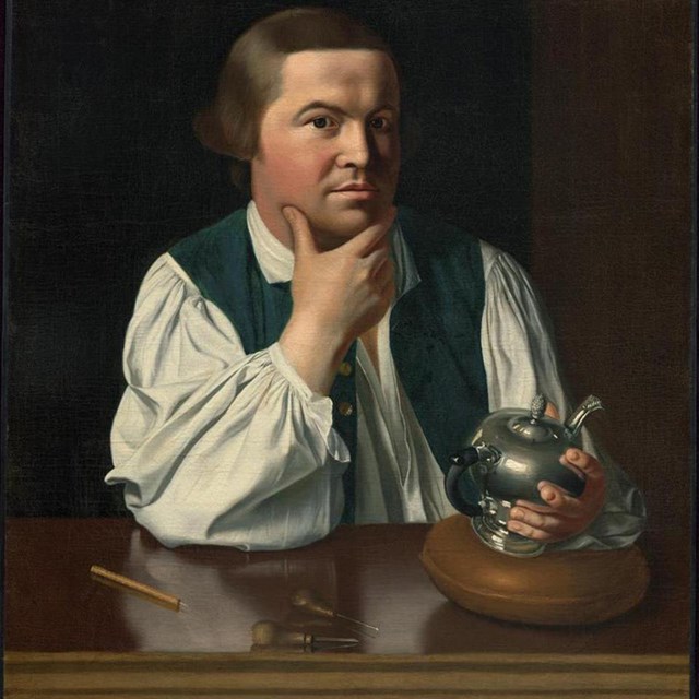 A painting of a white man in colonial cloths holding a silver teapot looking directly at the viewer